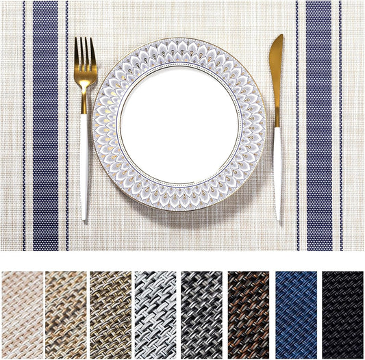 LEXMORE Placemats Set of 8 Vinyl/Plastic Woven Place Mats for Kitchen Table Indoor/Outdoor Washable Placemat Wipeable Dining Table Mats(Blue Skyline)