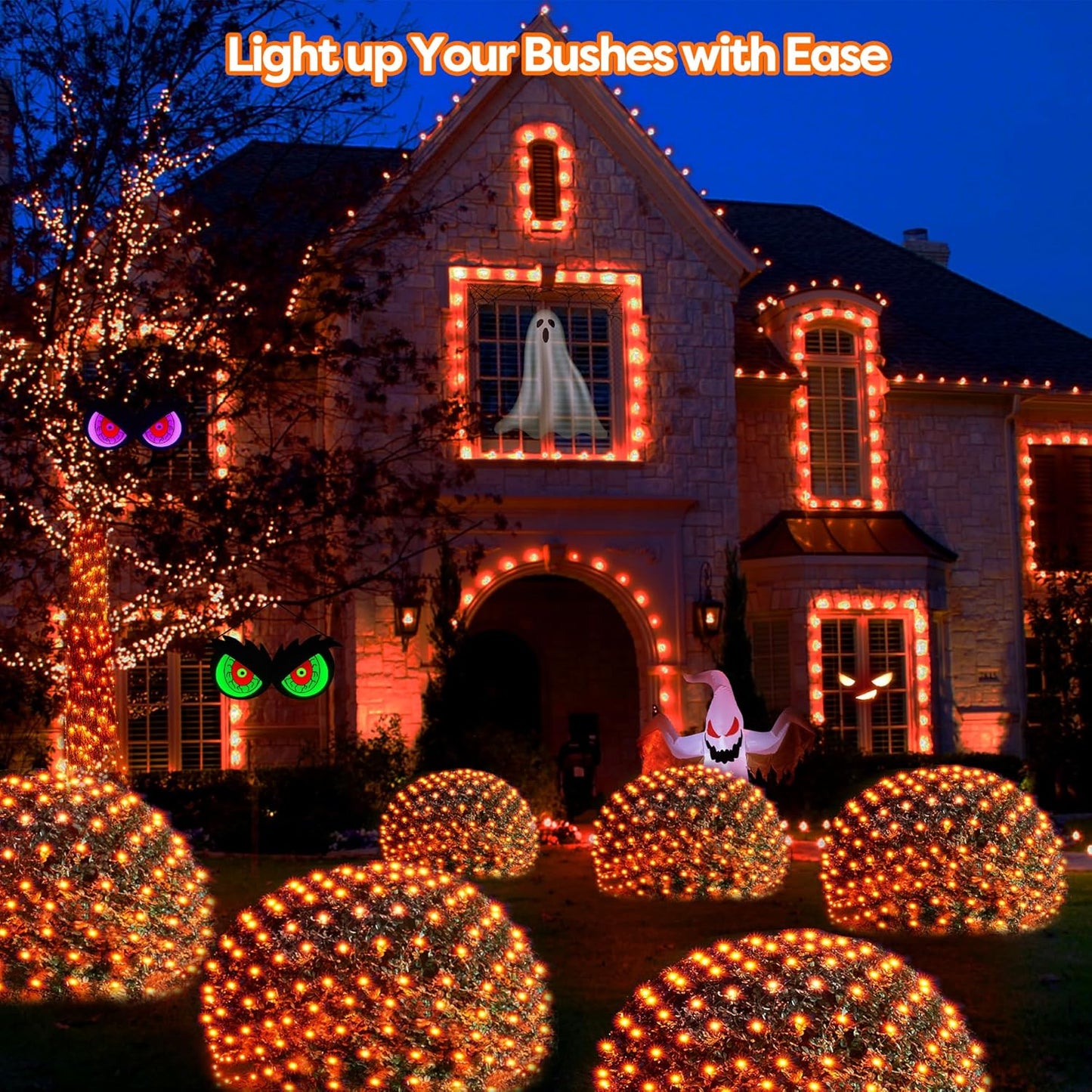 WBao Halloween Lights Outdoor 200LED 8.4ft x 5.2ft Orange Net Lights with 8 Modes, Timer, UL Certified, Connectable, Waterproof & Dark Green Wire for Lawn, Bushes, Trees, Outdoor Halloween Decorations