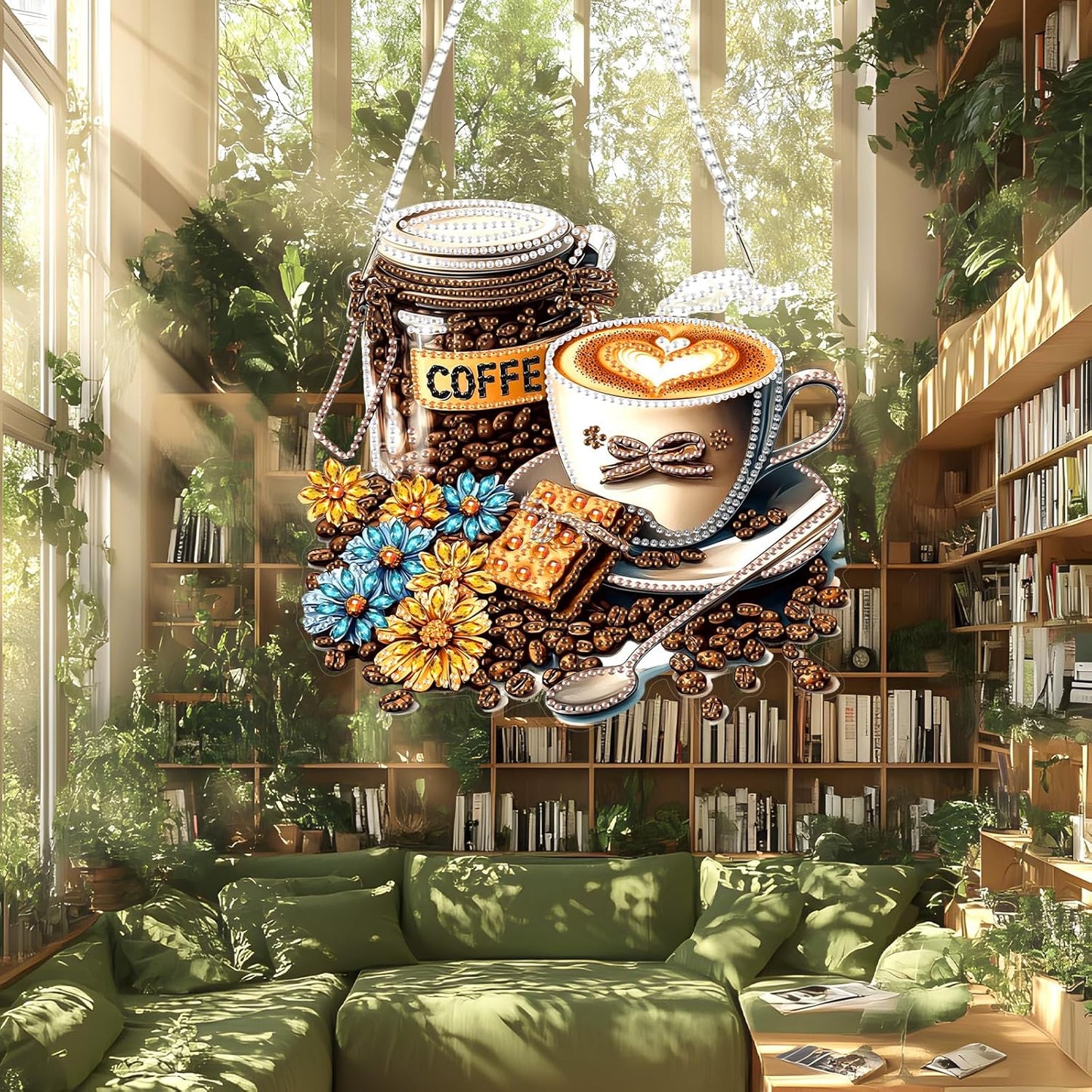 Lxmsja DIY Coffee Beans Diamond Painting Hanging Ornament, Double-Sided Acrylic Flowers Diamond Art Kit, Special Shaped Drill Pendant Window Art Kit, Suncatcher Hanging Craft Decoration 8x8 inch