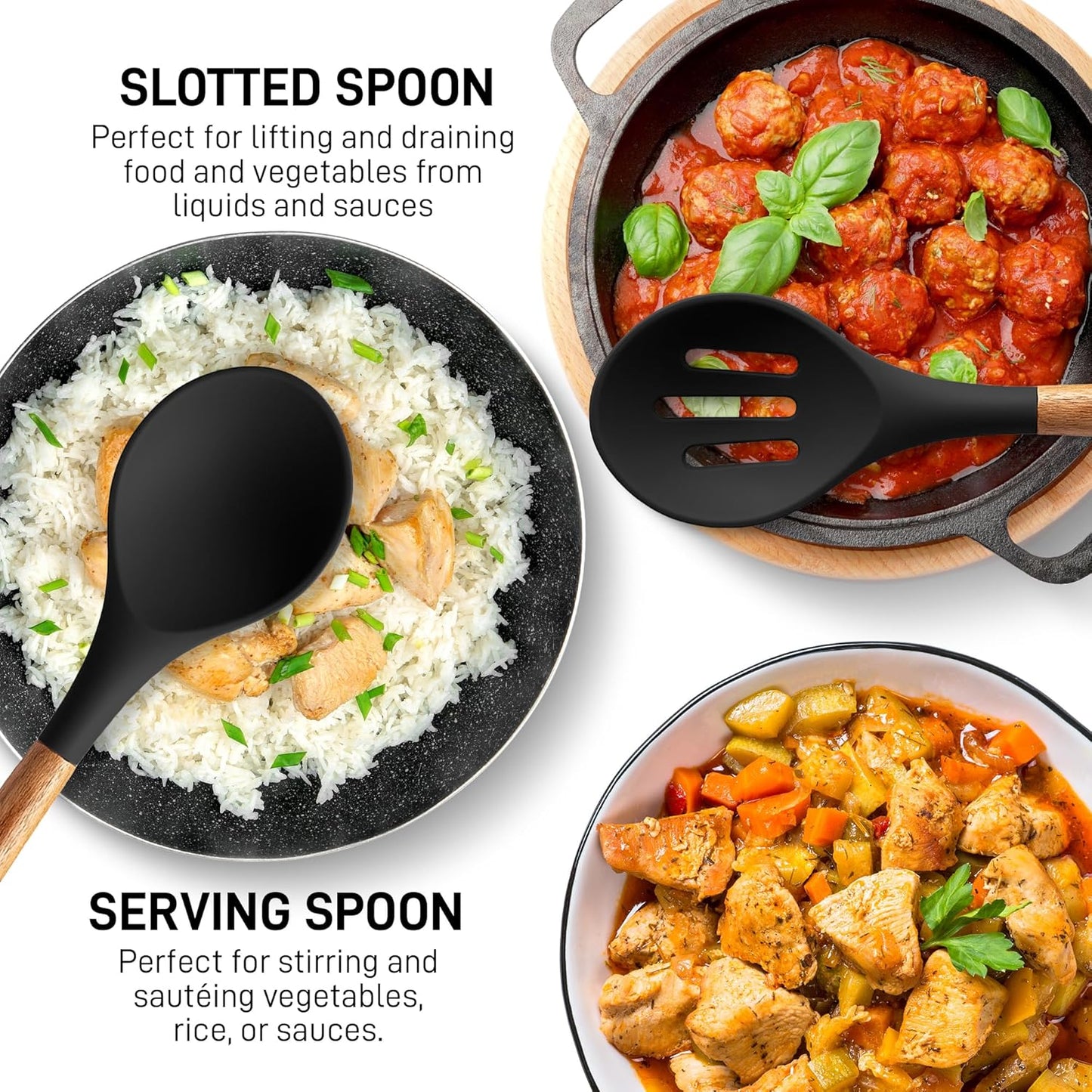 Zulay Kitchen Non-Stick Cooking Utensils Set with Authentic Acacia Wood Handles – 5-Piece Durable & Stylish Silicone Kitchen Utensils Set – Heat Resistant to 464°F – Black