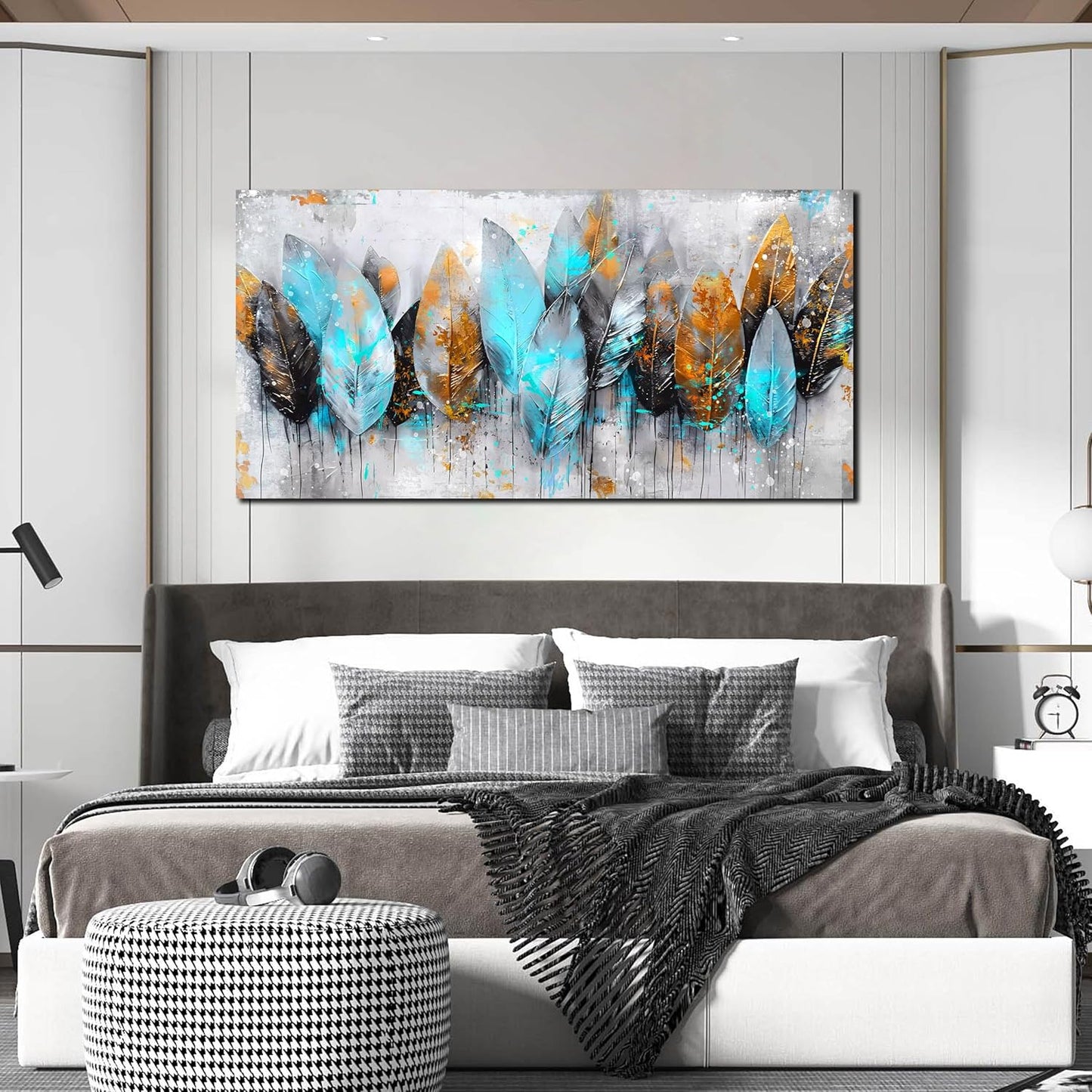 LAOTOART Leaf Canvas Wall Art - Modern Blue and Gray Living Room Wall Art - Abstract Artwork for Walls Ready to Hang Size 24" x 48"