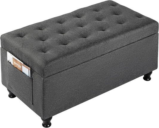 Ottoman with Storage 32'' Ottoman Storage Bench Linen Fabric Ottomans Footstools Upholstered Foot Rest Stool for Couch, Living Room, Bedroom, Entrance Shoe Bench Dark Gray