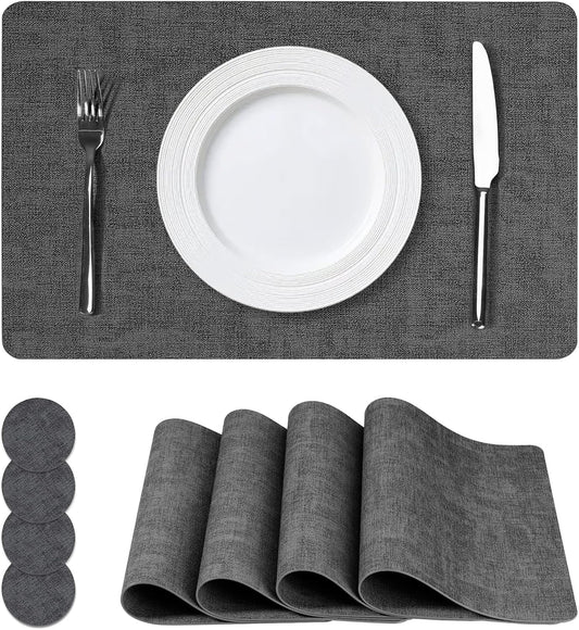 Vinyl Placemats Set of 4, Faux Leather Waterproof and Heat Resistant Place Mats, Washable Anti-Slip Table Mats with Coaster, Wipeable Placemats for Indoor & Outdoor 17" x 12" (Black, Set of 4)