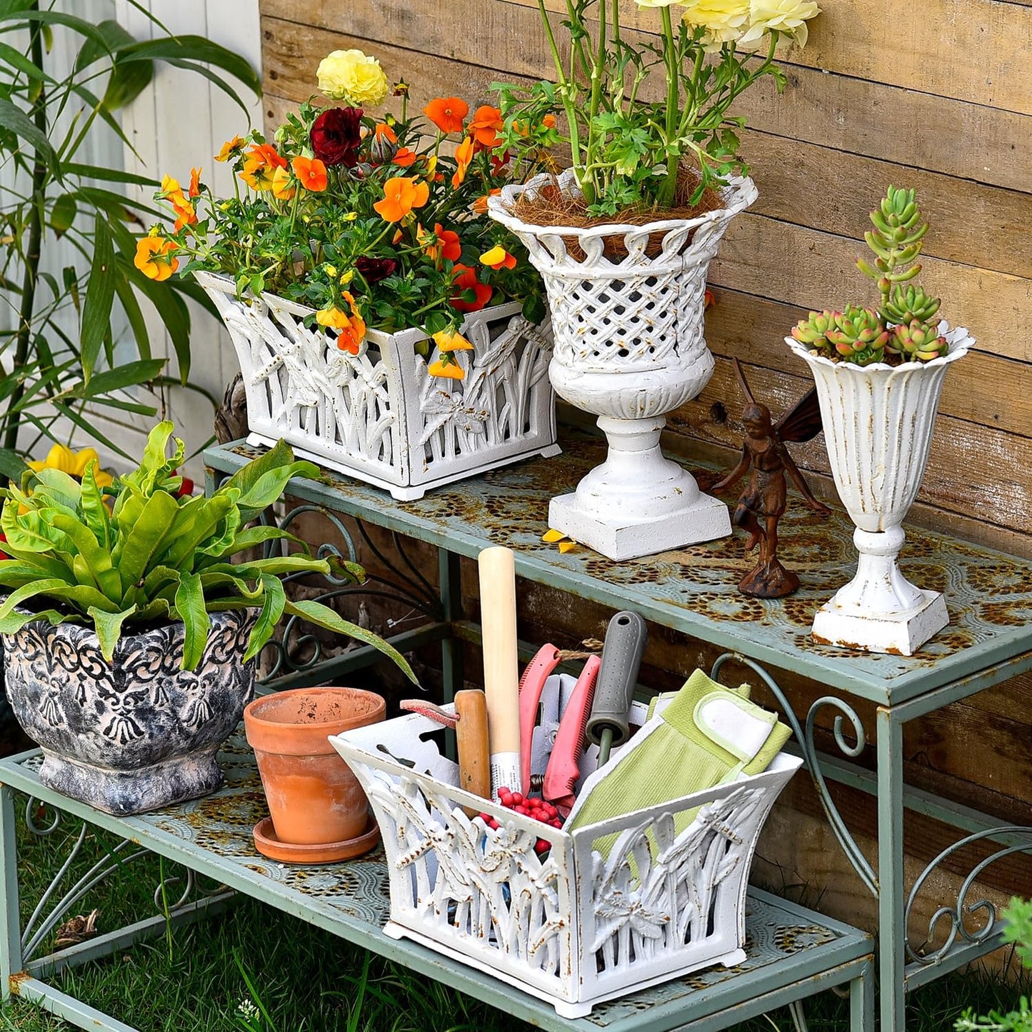 Sungmor Heavy Duty Cast Iron Planter Basket w/Non-Woven Growing Bag, Unique Shape & Beautiful Pattern Design, Hollow Orchid Flower Pot Garden Tools Holder, Rust White French Country Decor Container