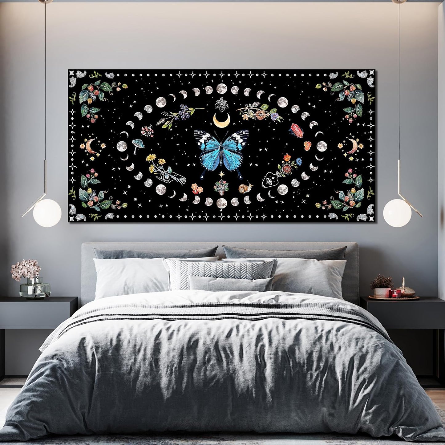 Canvas Wall Art Prints Blue Boho Wall art Decor Abstract Canvas Art Wall Decor Wall Pictures for Living Room Vintage Butterfly Wall Art Moon Flower Large Artwork for Walls Home Room Decor 24"X48"