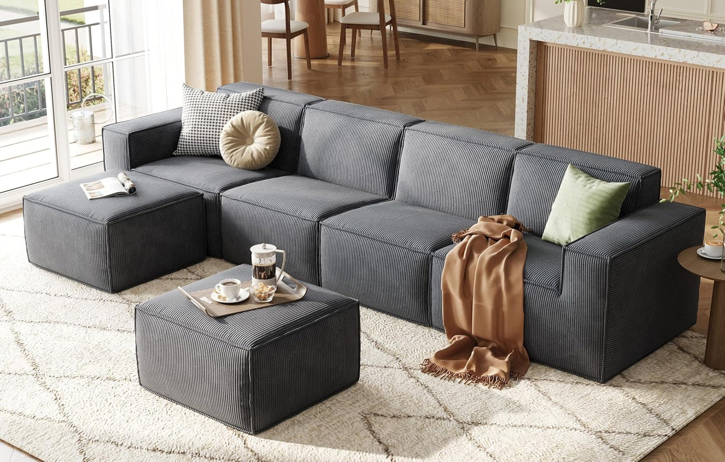 LINSY HOME Modular Sectional Sofa, 134" Boneless Couch U Shaped 4-Seat Sofa with 2 Movable Ottomans, Corduroy Sectional Cloud Couches for Living Room, No Assembly Required, Bluish Grey