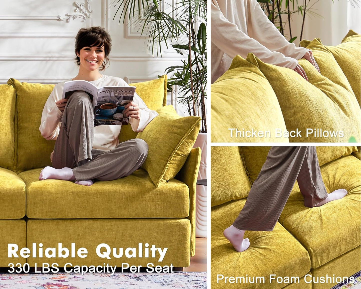 134.6" Oversized Modular Sectional Sofa, 6 Seater U Shaped Couch with Storage Ottoman with Reversible Chaise Deep Seat for Living Room, Apartment - Chenille Yellow