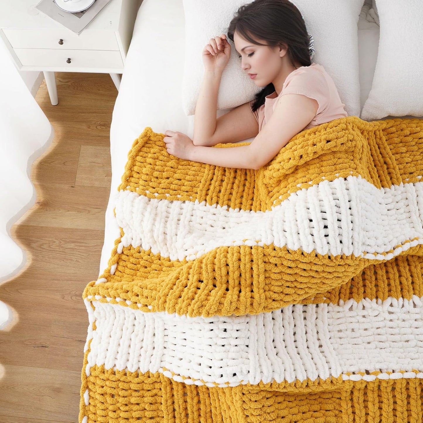 Battilo Chunky Knit Throw Blanket, Soft and Thick Chenille Throw Blanket, 50"x60" Handmade Cable Knit Crochet Blanket, Large Rope Knot Throw Blankets for Couch Sofa Bed Home Decor, Yellow & White