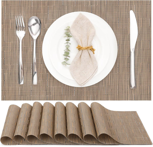 Myir JUN Placemats Set of 8, Vinyl Woven Placemats Place Mats Indoor Set of 8 Washable Table Mats Non-Slip Place mats for Dining Table (Light Brown, Set of 8)