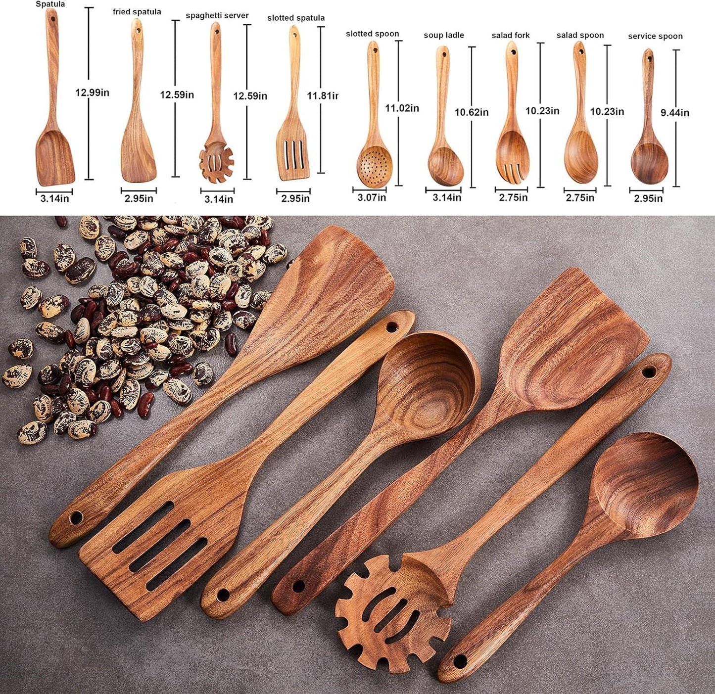 Wooden Kitchen Utensils Set,GUDAMAYE 9 PCE Natural Teak Wooden Spoons For Non-stick Pan for Cooking,
