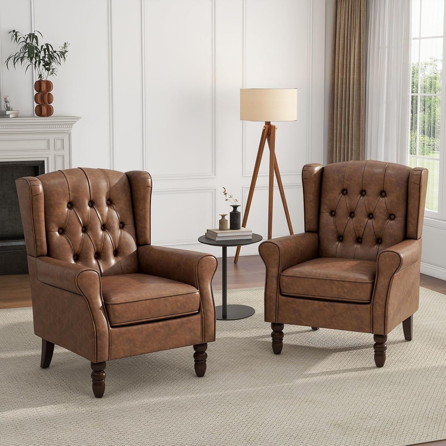 UIXE Faux Leather Accent Chair, High Back Upholstered Armchair for Living Room, Wingback Arm Chair Comfy Single Sofa Bedroom Reading Seat with Solid Wood Legs - Brown