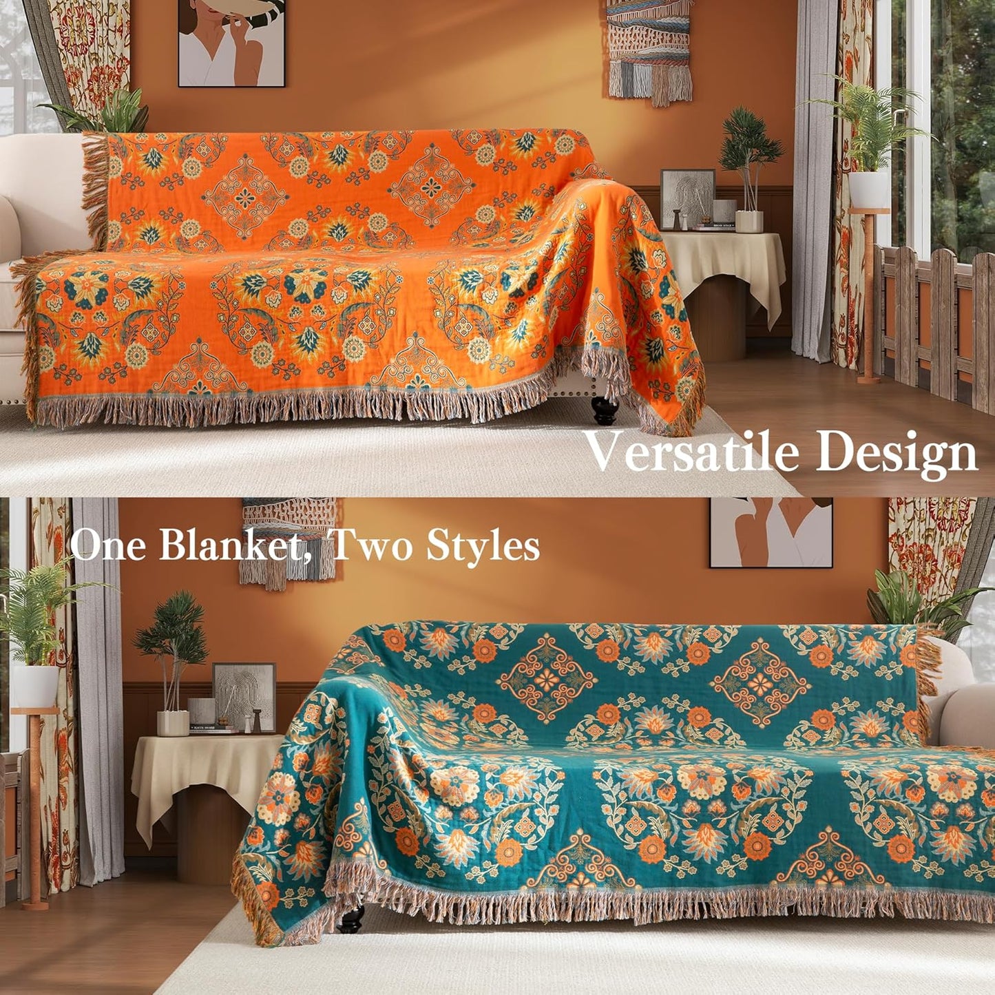 Boho Throw Blanket Queen Size, Oversized Soft Cozy Cotton Muslin Quilt Blanket for Bed Decor, Floral Patterned Couch Sofa Chair Cover, Vintage Farmhouse Cottage Woven Blanket, Orange&Green