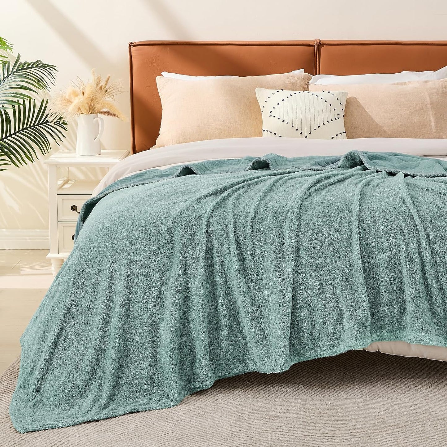 EMME Muslin and Fleece Queen Blanket Reversible - 80"*90" Teal Soft Warm Throw Blankets for Couch Bed Picnic Travel Bed