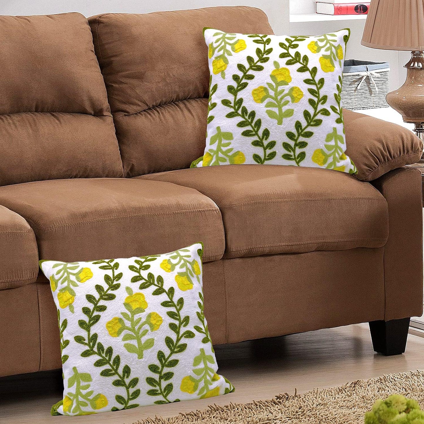 Alysheer Floral Embroidered Summer Decorative Throw Pillow Cover 18"x 18" Set of 2, Farmhouse Cottage Yellow Flower Green Leaves Patterned Cotton Cushion Case for Couch Bed Living Room Outdoor Decor