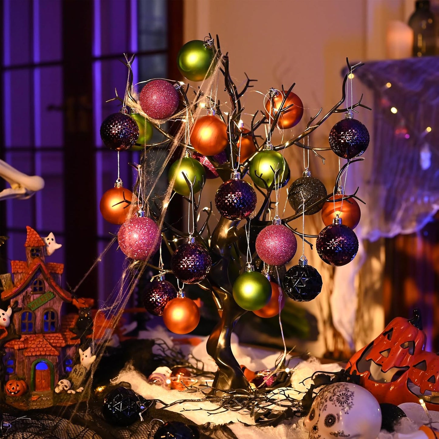 Valery Madelyn Christmas Tree Decorations Ornament Set for Fall Halloween, 50ct 2.36 Inches Orange Purple Black Shatterproof Christmas Ball Ornaments Hanging Xmas Holiday Party Decor