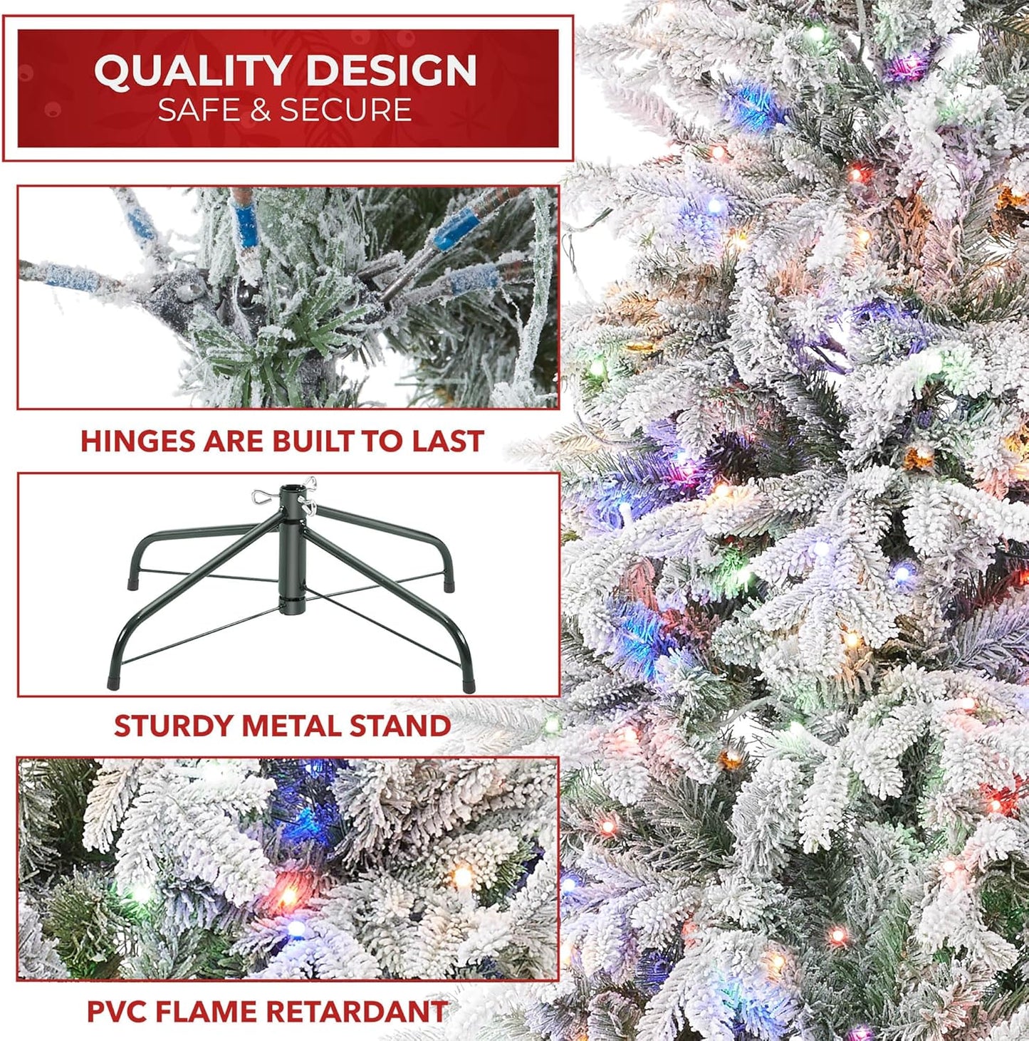 Casafield 7.5FT Pre-Lit Snow Flocked Slim Aspen Fir Artificial Holiday Christmas Tree with White & Multicolored LED Lights, Realistic Noble Fir with Metal Stand