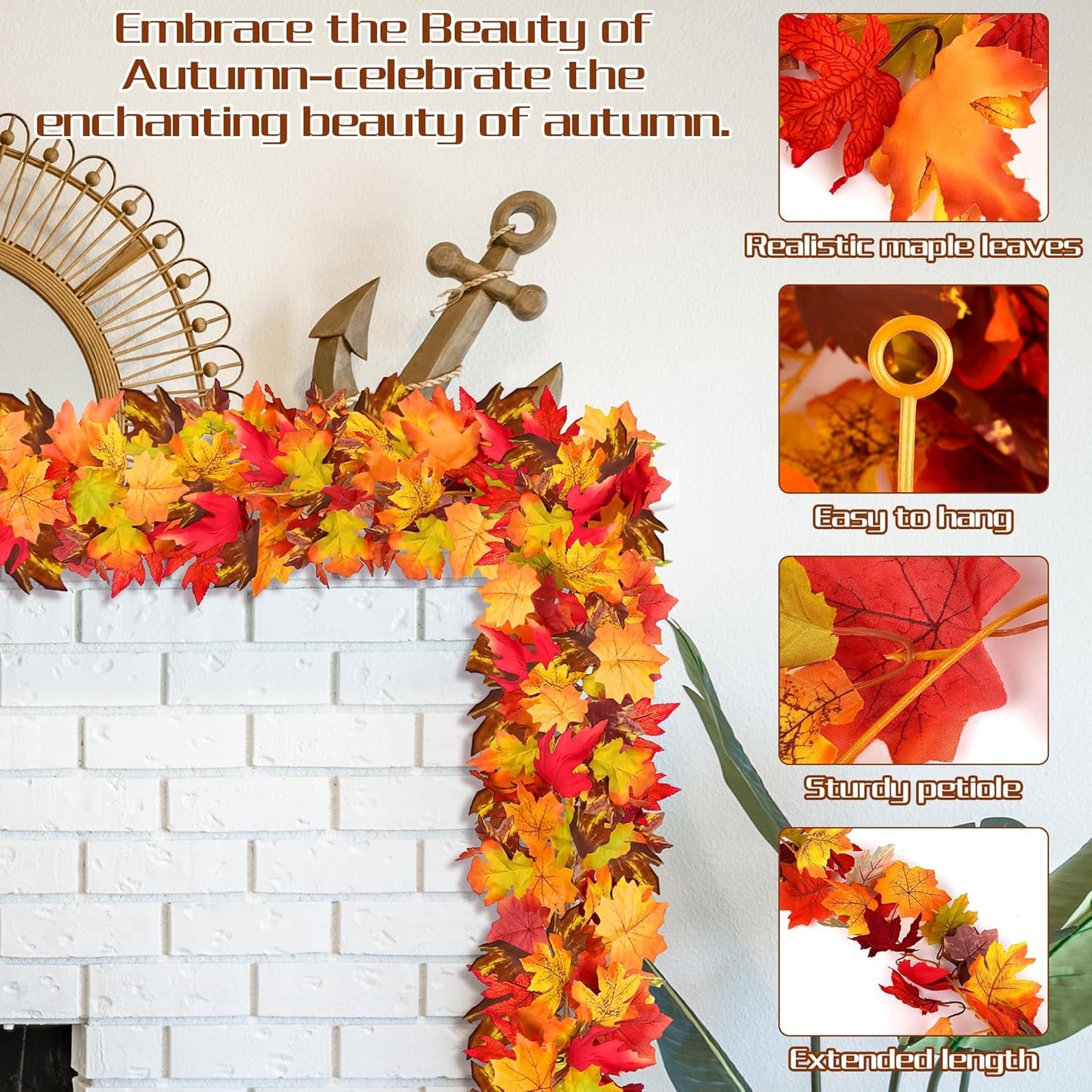 Fovths 8 Pack Maple Leaves Garland 5.8ft/Pc Artificial Fall Decorations Colorful Autumn Hanging Vine for Thanksgiving Halloween Fireplace Indoor Outdoor Decor
