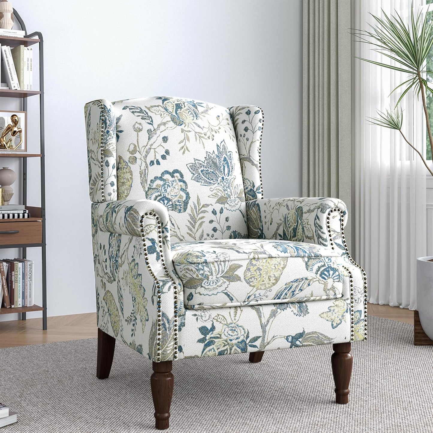 Lumibee High Back Accent Chair Set of 2, Armchair in Fabric,Comfy Upholstered Wingback Single Sofa Reading Chairs with Solid Wood Legs for Living Room,Bedroom,Office-Plants Blue