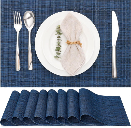 Myir JUN Placemats Set of 8, Vinyl Woven Placemats Place Mats Indoor Set of 8 Washable Table Mats Non-Slip Place mats for Dining Table (Dark Blue, Set of 8)