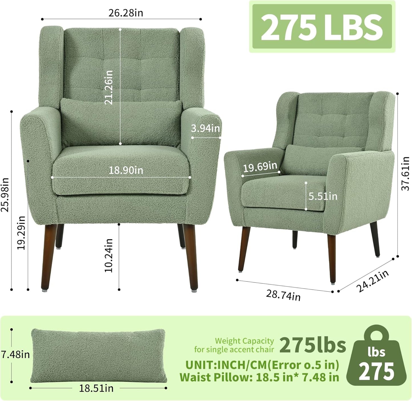 Modern Accent Chair, Upholstered Armchair with Pillow, Teddy Single Sofa Chair with Lounge Seat and Wood Legs Accent Chair for Living Room Bedroom Small Spaces