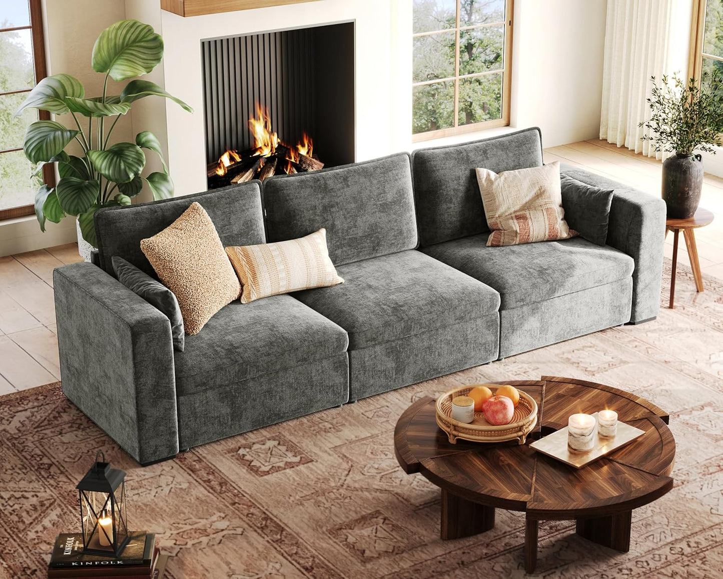 Oversized Modular Sofa Comfy Cloud Couch with Storage, Extra Deep Plush Sectional Sofa Set for Living Room, Covers Washable, Chenille, Olar (Grey, 3-Seater, Basic Shape)