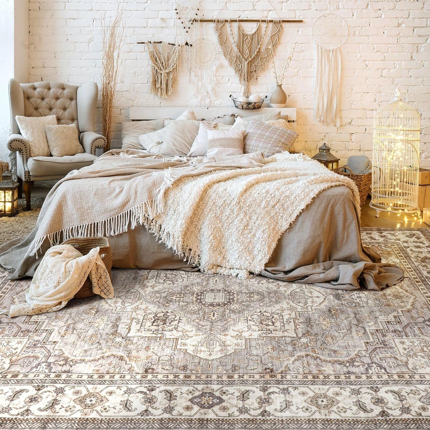 Washable Area Rugs for Living Room - 6x9 Neutral Vintage Distressed Floral Farmhouse Boho Large Soft Floor Rug Indoor Non Slip Carpet for Bedroom Dining Room Office - Grey Brown