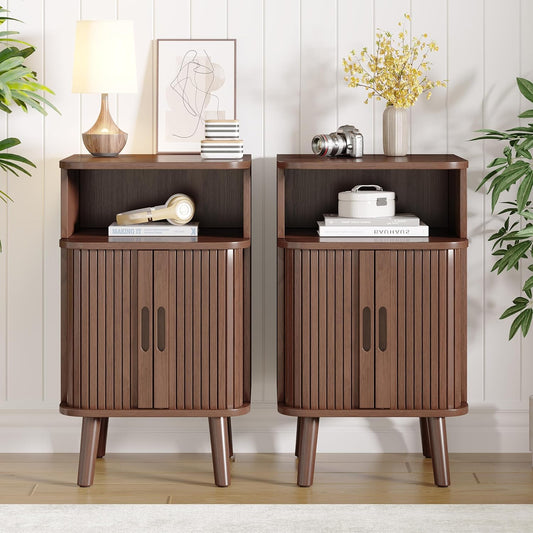 Alohappy Fluted End Table Set of 2, Mid Century Modern Nightstand with Sliding Tambour Door, Curved Round Edge Wood Bedside Table for Bedroom, Side Tables with Storage for Living Room, Walnut