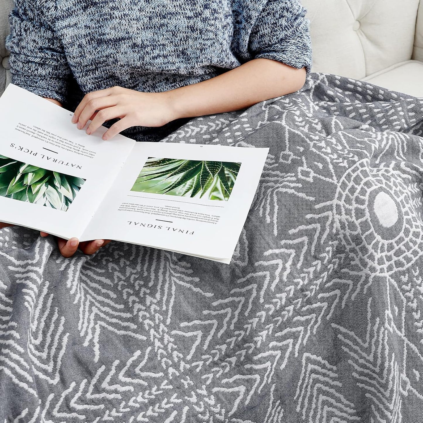 jinchan Boho 100% Cotton Muslin 50x60 Throw Blanket Lightweight 3 Layer Grey Blanket Washable Reversible Breathable Decorative Geometric Striped Patterned Gray Soft Cozy for Sofa Bed All Season Gift