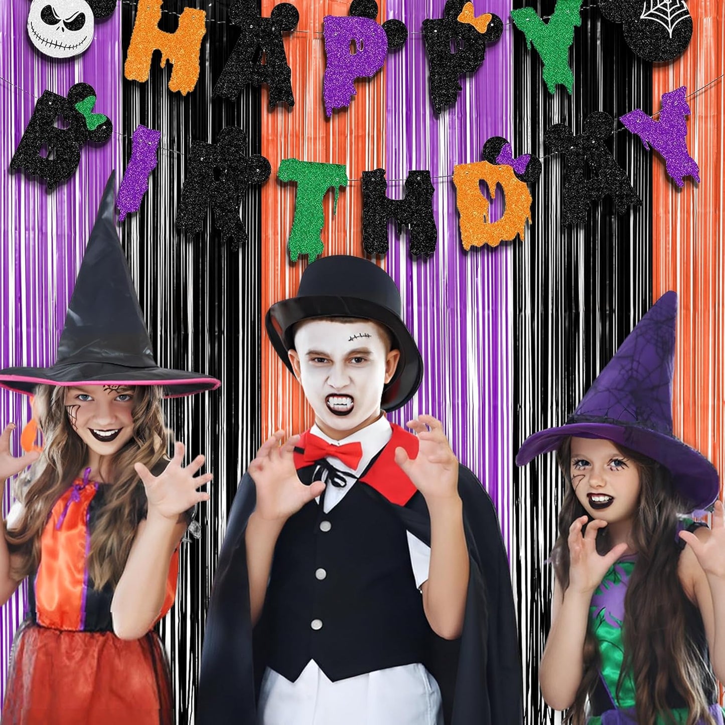 Black Purple Orange Party Streamers - GREATRIL Foil Fringe Backdrop for Hocu Birthdays Halloween Party Supplies - 3.2ft X 8.2ft - 2 Packs