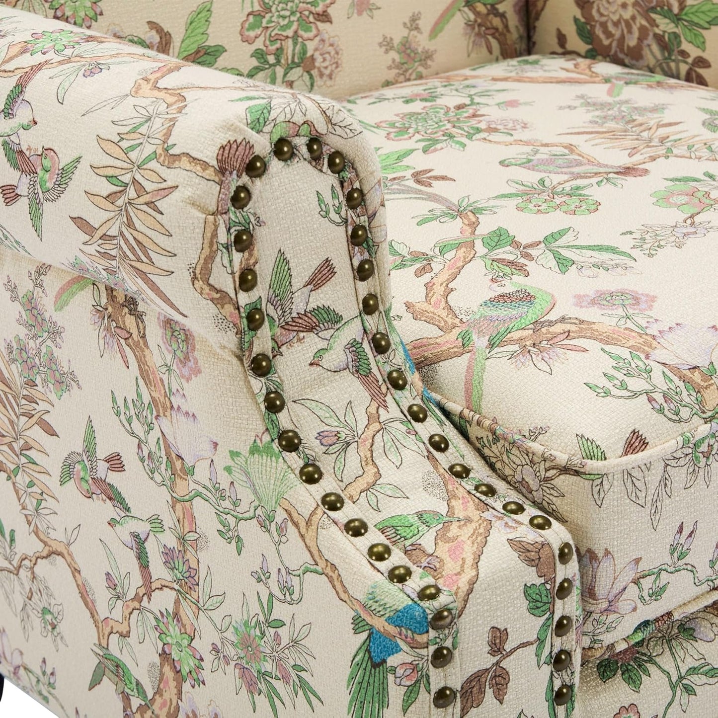 UIXE High Back Floral Accent Chair, Fabric Upholstered Armchair for Living Room, Retro Wingback Arm Chair with Solid Wood Legs, Nailhead Trim Single Sofa Bedroom Reading Seat - Bird Pattern