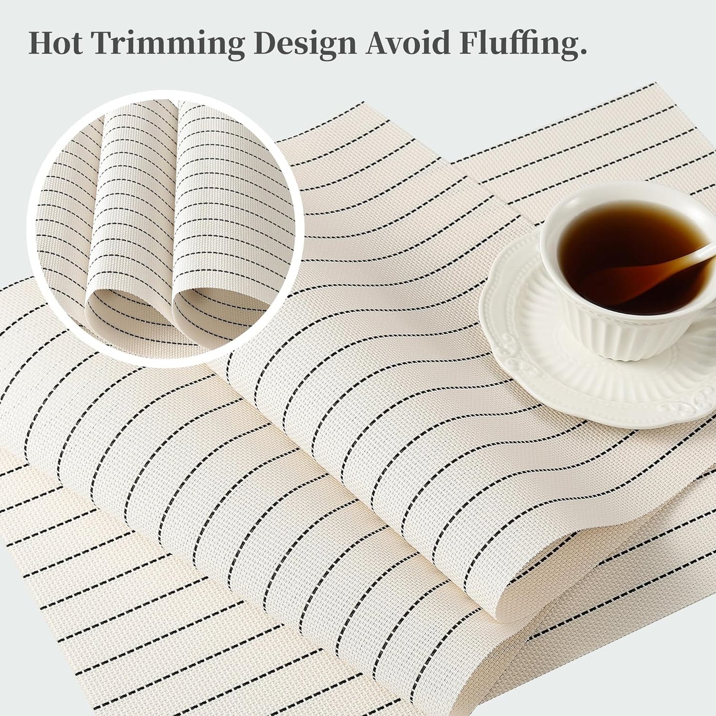 Leetaltree White with Black Stripes Placemats Set of 12 - Heat Resistant Non-Slip Place mats for Dining Table, Washable Durable PVC Vinyl Woven Table Mats（White Stripes, 12）