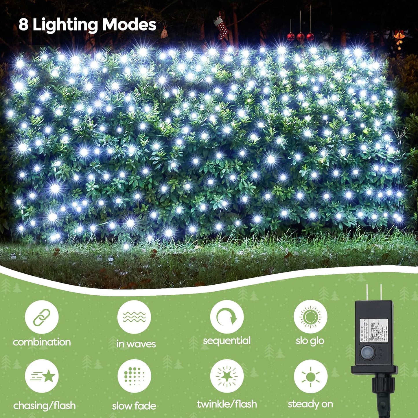 WBao Outdoor Christmas Lights, 360LED 11.5ft x 6.9ft Net Lights with 8 Modes, Timer, UL Certified, End to End Connectable, Waterproof for Lawn, Bushes, Trees Outdoor Christmas Decorations, Cool White