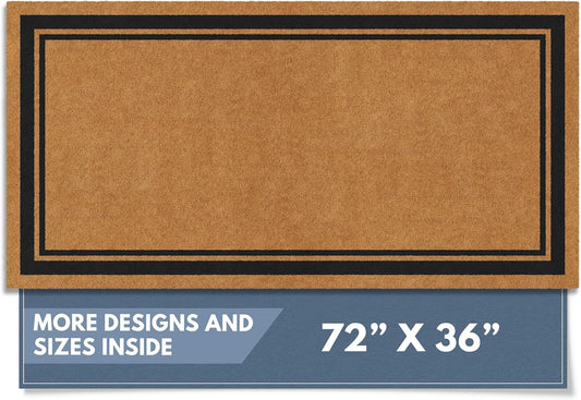Barnyard Designs Natural Coco Coir Heavy Duty Backing Doormat - Large Cute Non-Slip Front Door Welcome Mat for Outside Entrance or Porch Entry, Brown (36x72, Border)