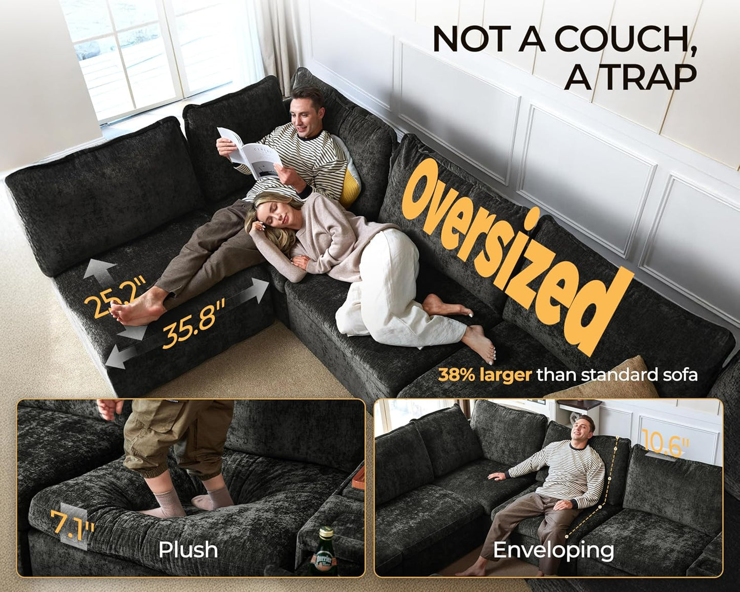 124.8'' Oversized Modular Sofa Comfy Cloud Couch with Storage, Extra Wide Sectional Sofa for Living Room, Covers Washable, 3-Seater, Chenille, Black