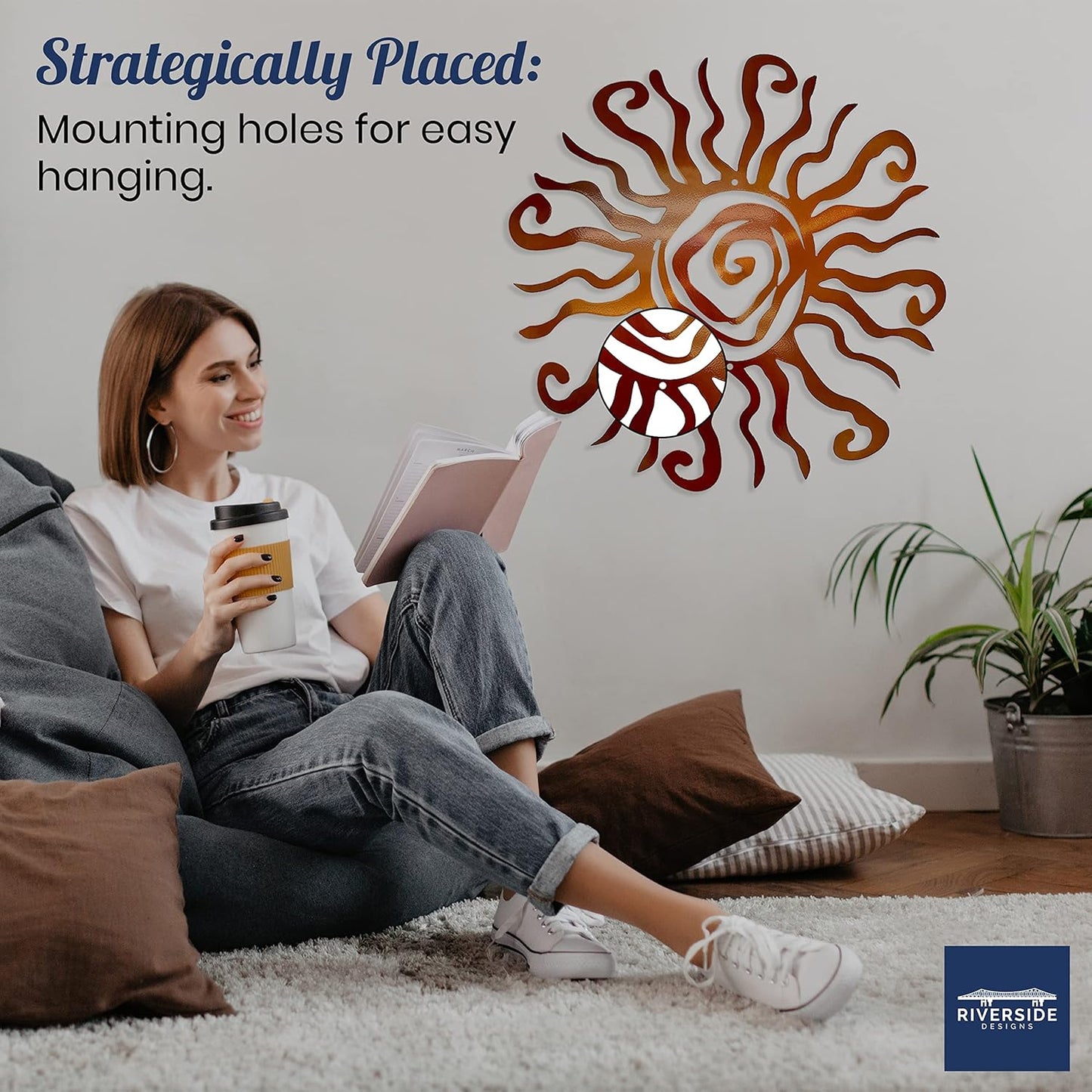 Riverside Designs Wacky Sun Metal Wall Art Indoor/Outdoor Decor - 36" Copper Rust Proof Wall Sculpture - Made in USA - Ideal for Bedroom, Garden, Home, Patio and Farmhouse