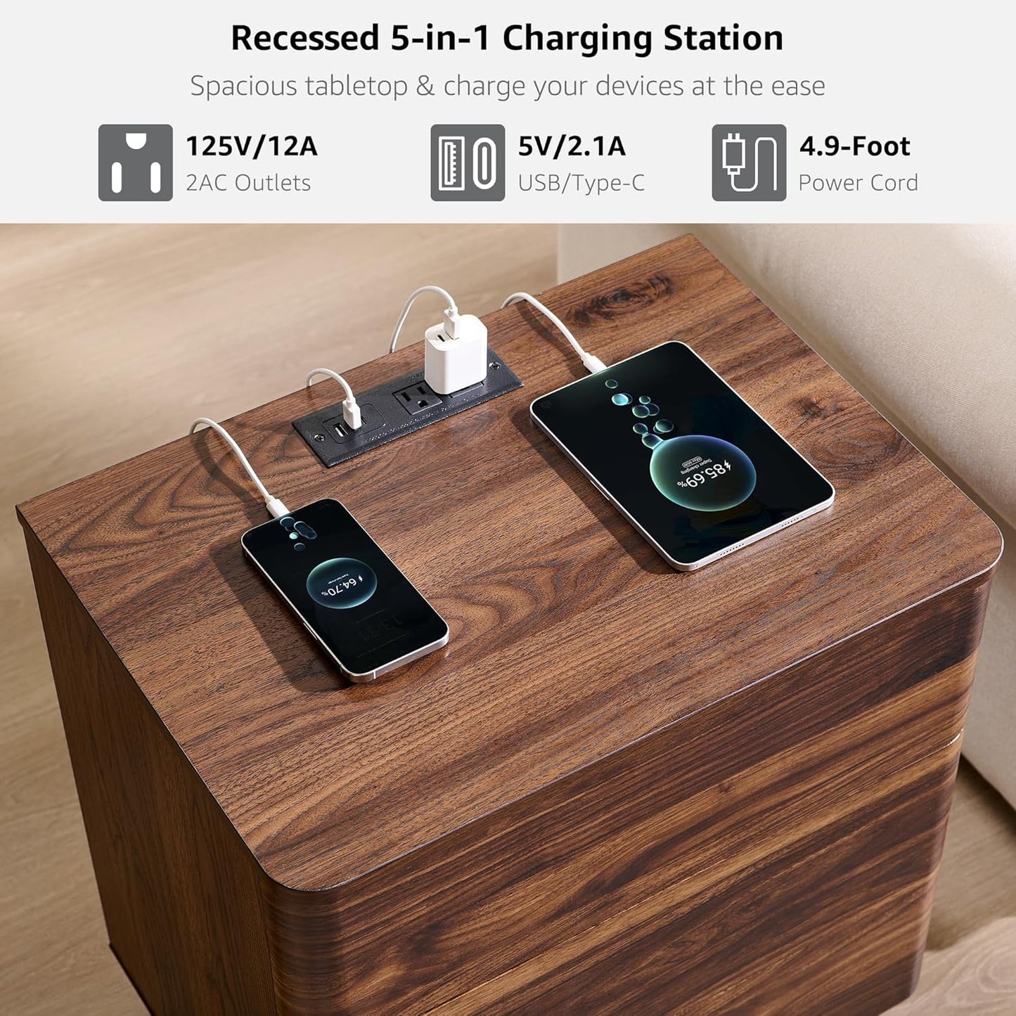 JXQTLINGMU 22" Modern Nightstand Set of 2 with Charging Station, Large Push-to-Open End Table, Wood Bedside Table, Curved Profile, Handleless 3 Drawer Night Stand for Bedroom, Living Room, Brown