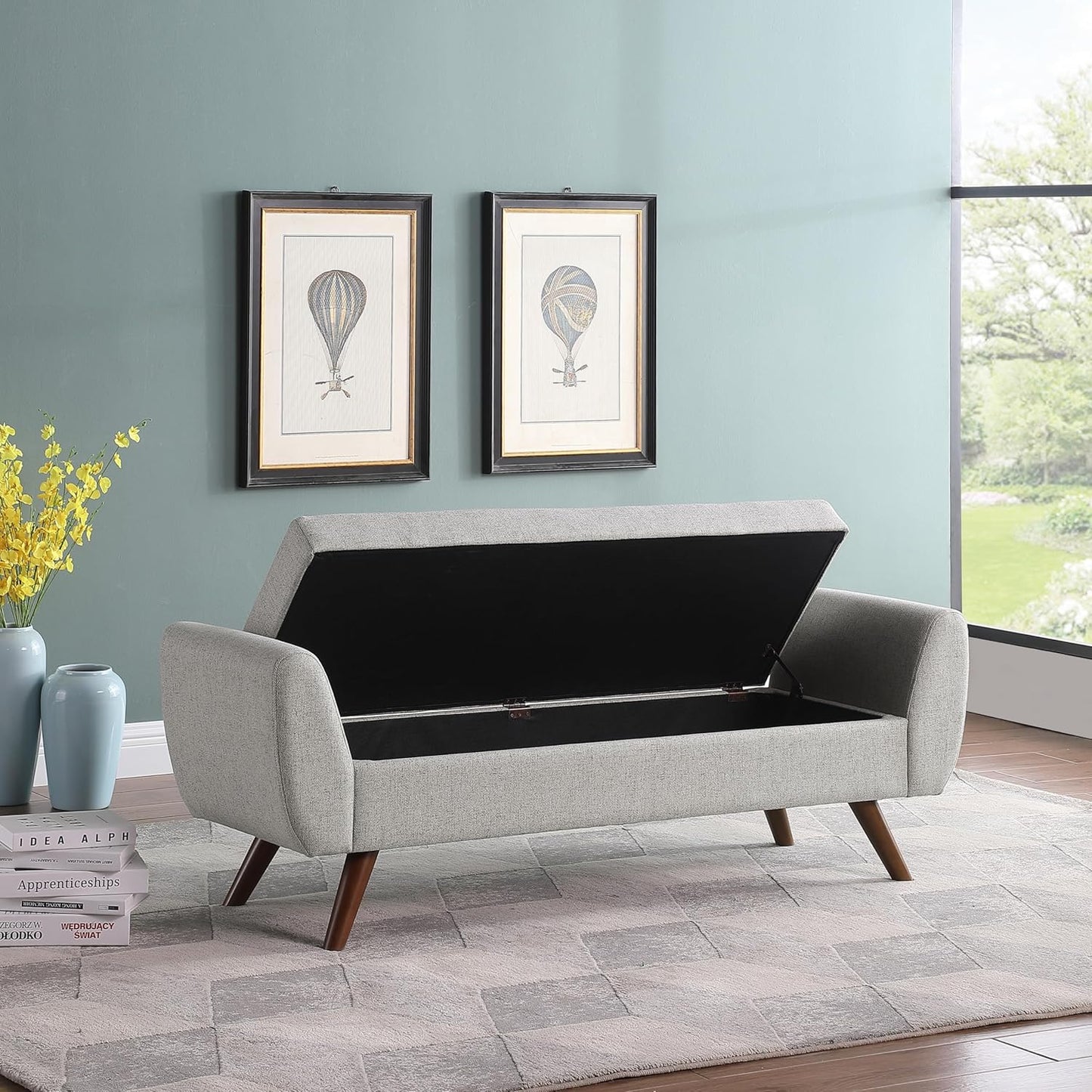HomePop Modern Storage Bench with Wood Legs Home Décor|Bench with Storage for Living Room & Bedroom - Light Gray Woven