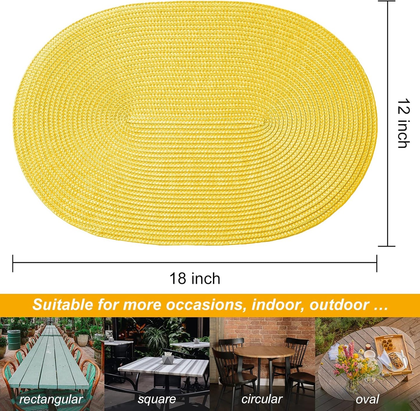 AHHFSMEI Placemats Set of 4 for Dining Table Washable Woven Vinyl Non-Slip 18x12 inches Placemat Heat-Resistant Durable Table Mats for Dining Table Easy to Clean (Oval Yellow, 4)