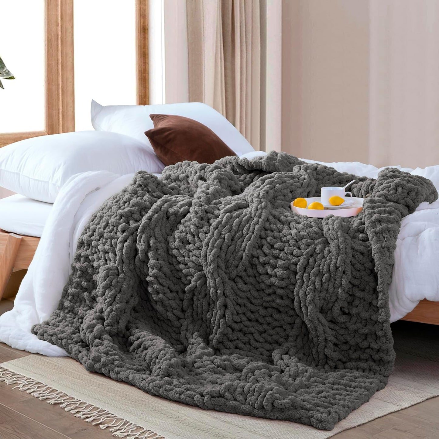 Chunky Knit Blanket Throw - 100% Hand Knitted Chunky Throw Blanket for Couch, Thick and Warm Blanket for Winter, Dark Grey, 50x60 Inches