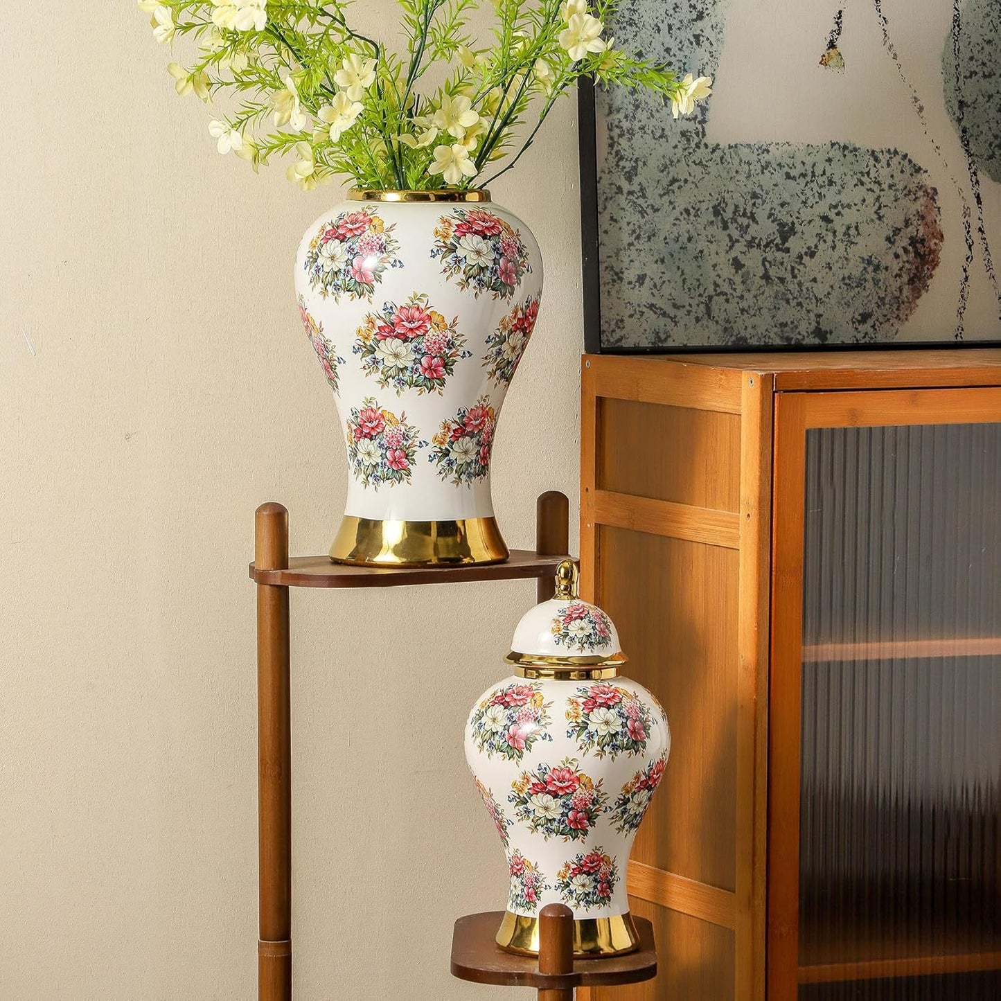 Ginger Jars for Home Decor, White Gold Ceramic Vase with Colorful Floral Pattern, Handmade Decorative Flower Vase with Lid for Home, Kitchen, Office, Table, Bookshelf, Mantle Fireplace,(12in)
