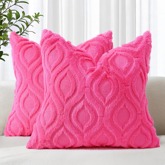 decorUhome Fall Throw Pillow Covers 26x26 Inch Set of 2, Soft Plush Decorative Faux Fur Hot Pink Solid Couch Pillow Covers, Accent Farmhouse Neutral Square Euro Pillow Cases for Sofa Bed Living Room