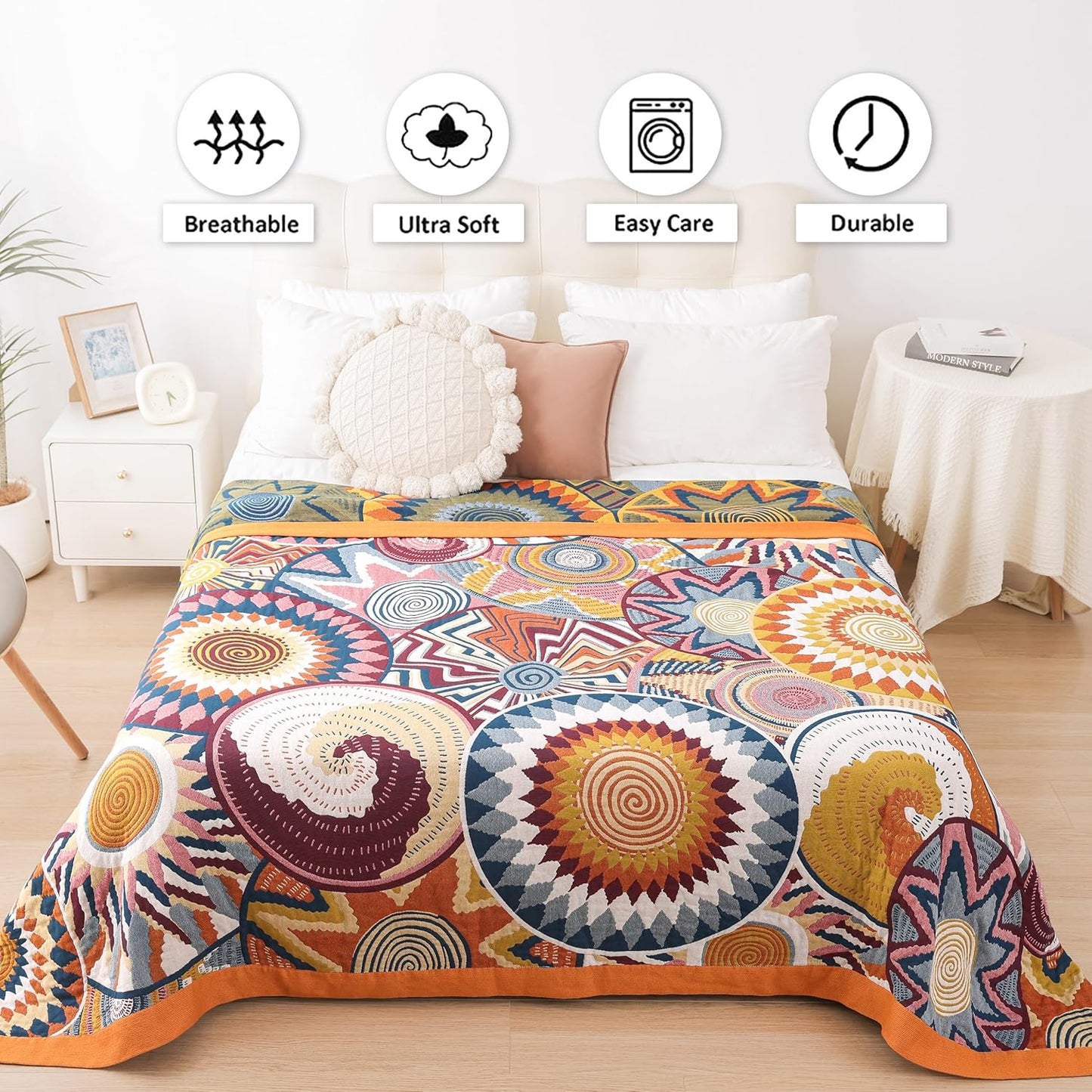 Boho Throw Blanket, 100% Organic Muslin Cotton Breathable Ultra Soft Bed Quilt Throw - All Season Floral Bird Butterfly Farmhouse Decor Blanket for Sofa Couch Chair and Gift. 50" x 60"