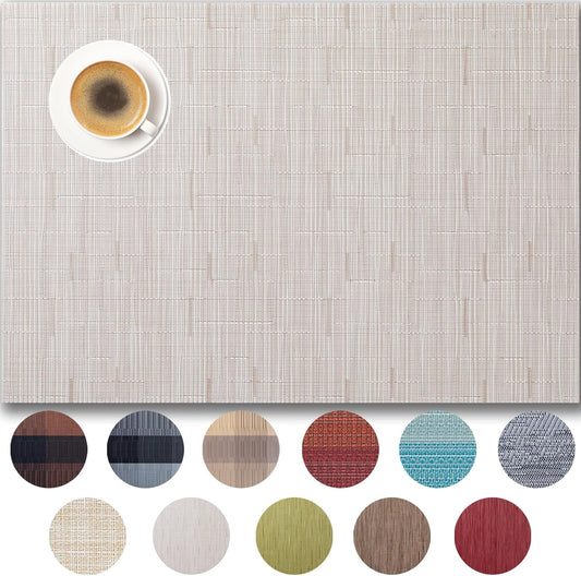 Placemats Set of 12 - Easy Clean Woven Vinyl Placemats for Dining Table, Indoor/Outdoor Place Mats, Washable PVC Table Mats （Pale Beige）