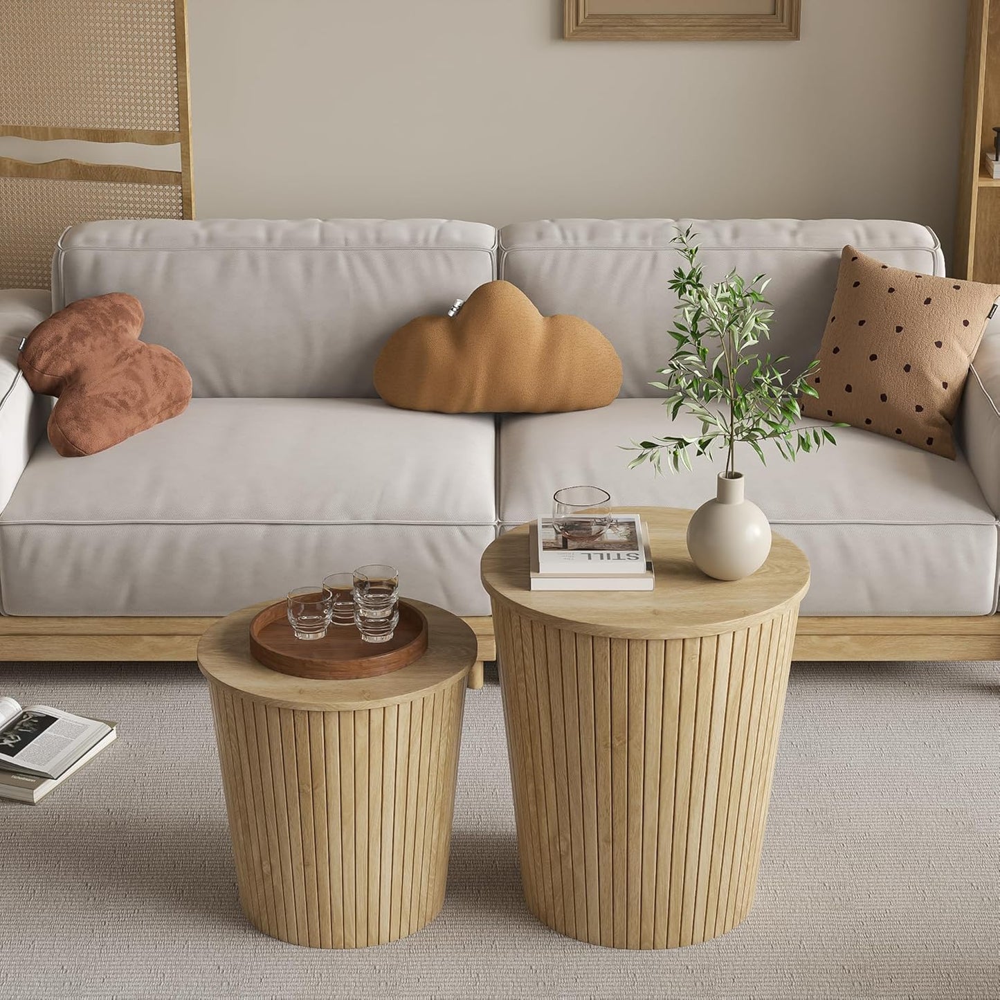 Nest Coffee Table Set of 2 with Round End Table, Farmhouse Design, Removable Wood Top and Wood Basket Base for Blanket Storage, Modern Design for Living Room