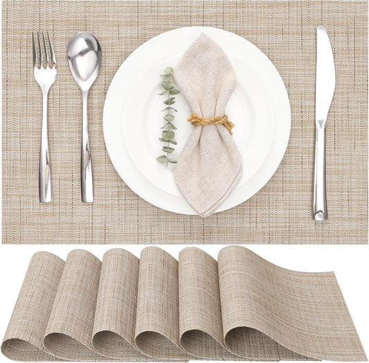 Myir JUN Placemats Set of 6, Vinyl Woven Placemats Place Mats Indoor Washable Table Mats Non-Slip Place mats for Dining Table (Beige, Set of 6)