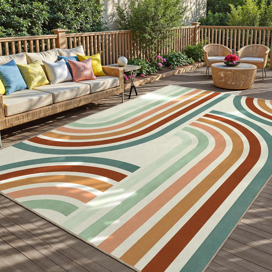 Indoor Outdoor Area Rug, Mid Century Modern Multicolored Outdoor Patio Rug,Washable Abstract Art Rainbow Rugs Non-Slip Carpet for Camping, Bedroom, Deck(8x10)