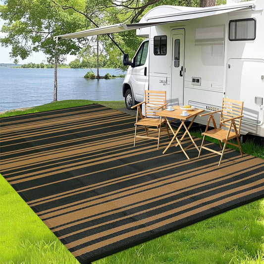 Outdoor Patio Rug 9x12 Stain-Resistant Reversible Camping Mat, Modern Striped Outdoor Plastic Straw Rug, Waterproof Outside Carpet, Easy to Clean for RV, Porch, Deck, Balcony, Black Brown
