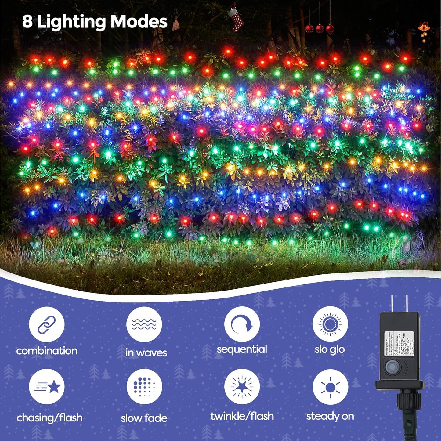 WBao Christmas Lights Outdoor, 360LED 11.5ft x 6.9ft Net Lights with 8 Modes, Timer, UL Certified, End to End Connectable, Waterproof for Lawn, Bushes, Trees Outdoor Christmas Decorations, Multicolor