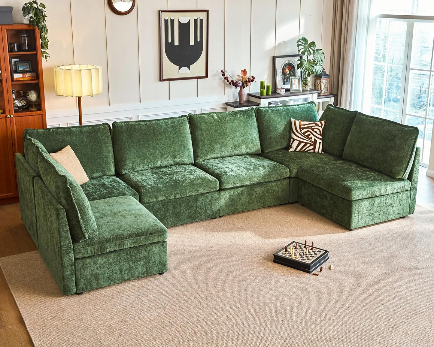 Oversized Modular Sofa Comfy Cloud Couch with Storage, Extra Deep Plush Sectional Sofa Set for Living Room, Covers Washable, Chenille, Olar (Green, 6-Seater with 2 Corners, u-Shaped)