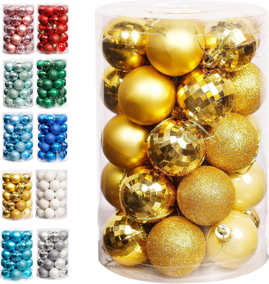 Lulu Home Christmas Ball Ornaments, 34 Ct 1.57" Pre-Strung Hanging Ornament Decorations, Xmas Shatterproof Plastic Balls for Holiday Party Wreath Garlands Trees, Golden